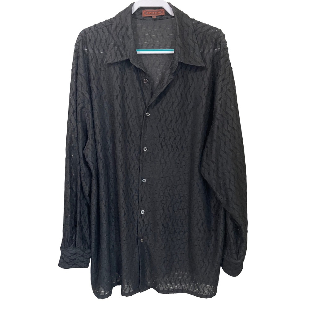 Creme De Silk Mens‎ 4XL Black Textured Sheer Button Down Shirt Silk Blend